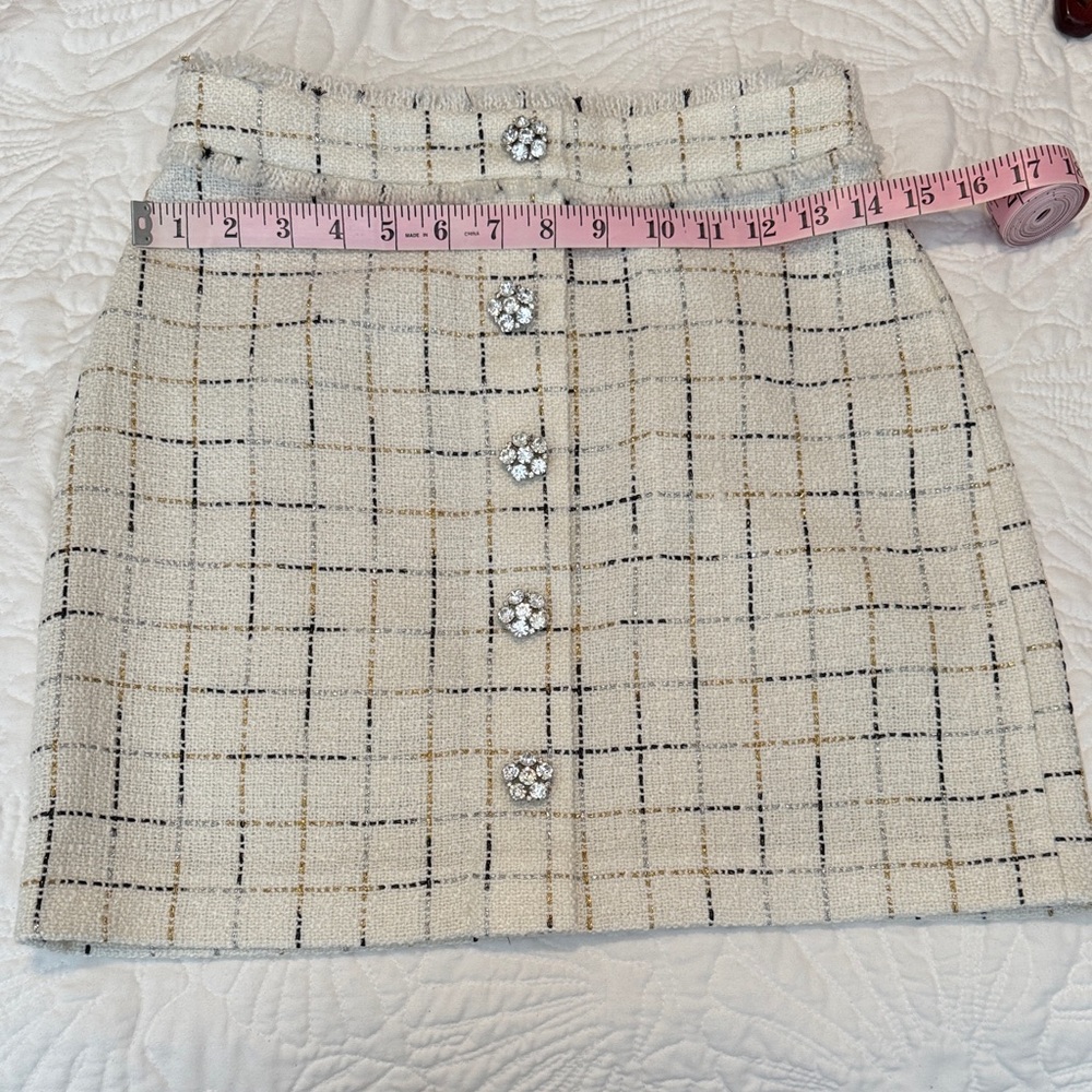 Topshop Cream Plaid Pencil Skirt with Button Details